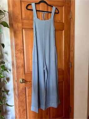 Zenana Outfitters Light Blue Waffle Knit Wide-Leg Jumpsuit NWOT